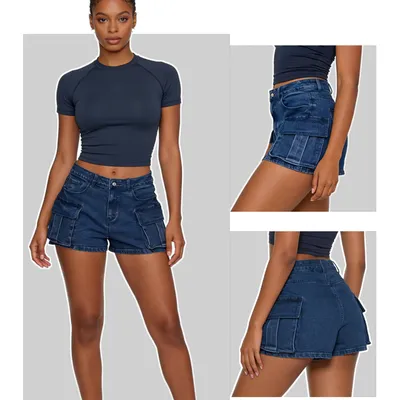 Shorts de Mezclilla de pierna ancha, con lavado vintage para mujer — view 3