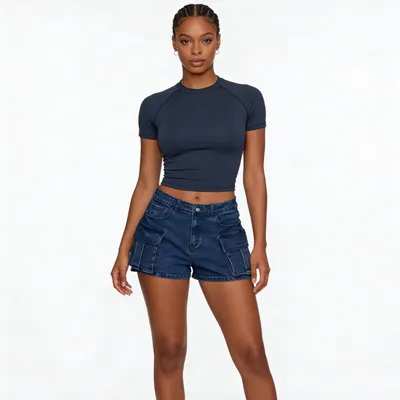 Shorts de Mezclilla de pierna ancha, con lavado vintage para mujer — view 6