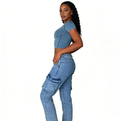 Jeans de tiro alto, multibolsillo para mujer — view 4