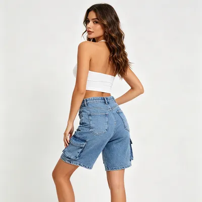 Shorts de Mezclilla de pierna ancha, con lavado vintage para mujer — view 4
