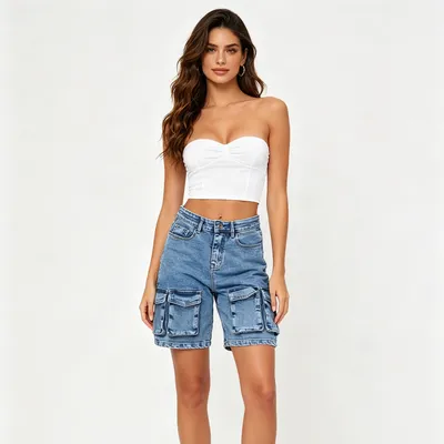 Shorts de Mezclilla de pierna ancha, con lavado vintage para mujer — view 5