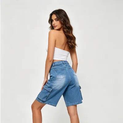 Shorts de Mezclilla de pierna ancha, con lavado vintage unisex — view 5