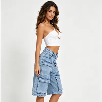 Shorts de Mezclilla de pierna ancha, con lavado vintage unisex — view 6
